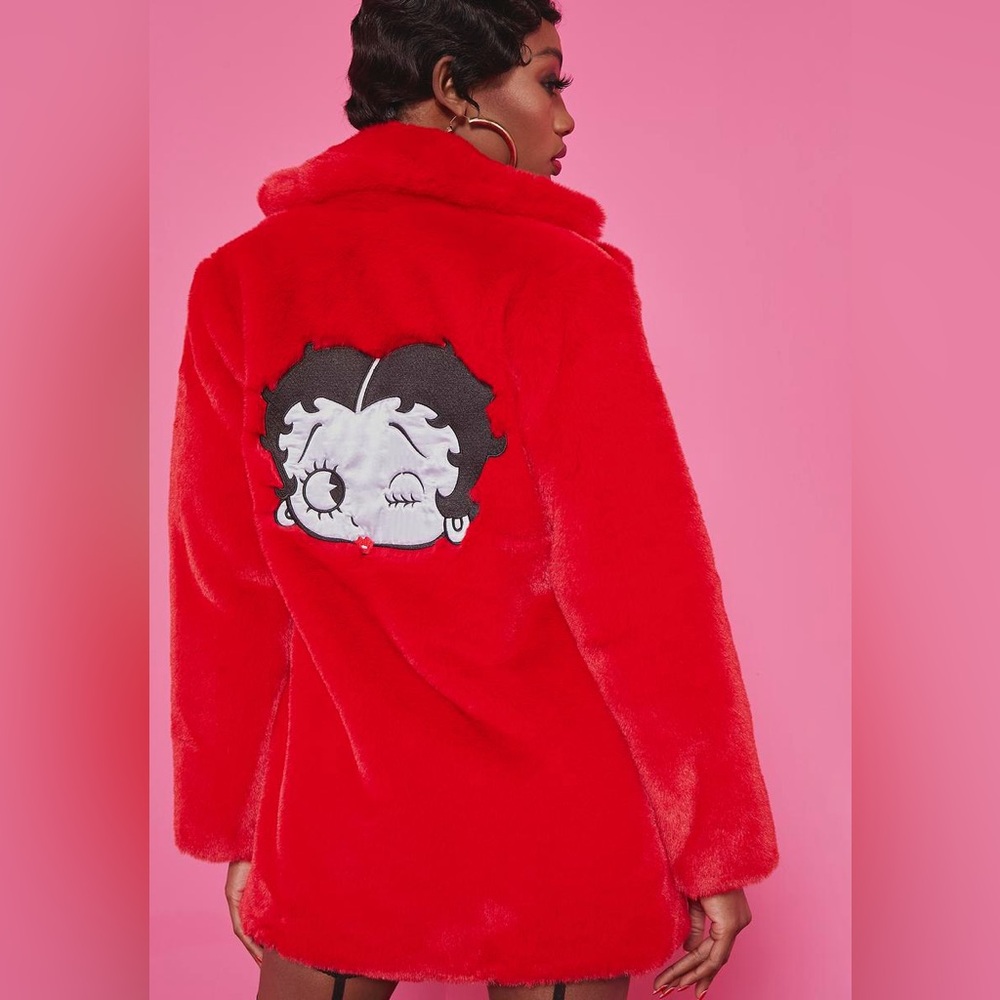 Betty boop Red Faux Fur Coat with Cartoon Patch